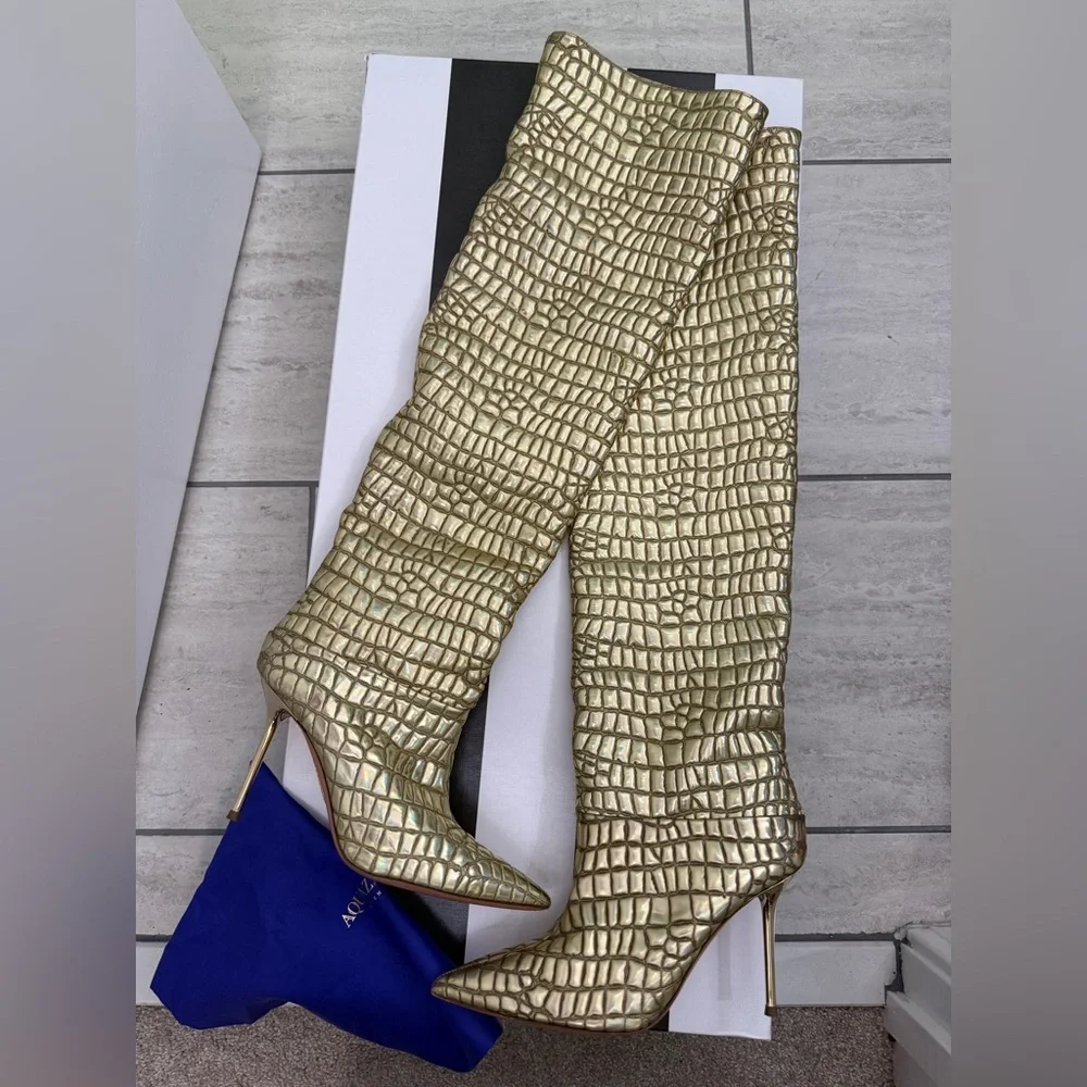 Aquazurra Boreal Metallic Gold Croc-Embossed Over-The-Knee Boots - size 37.5 EUC